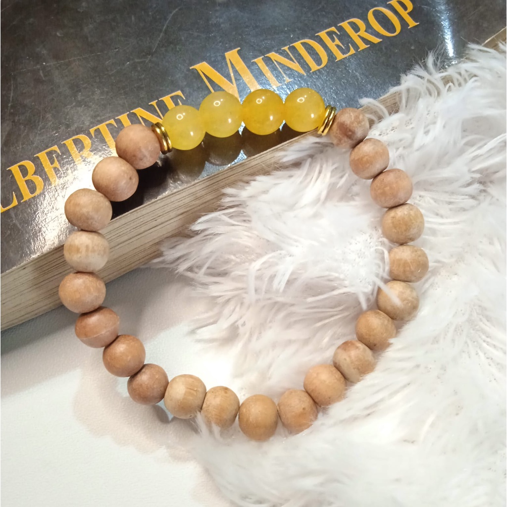 Gelang Batu Original Handmade Kayu Cendana Kombinasi Batu Alam Yellow Jade