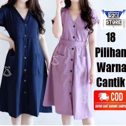 Keluaran Terbaru.. Dress Dres Gaun Korea Wanita Midi Kondangan Baju Lengan Pendek Casual Pesta Katun