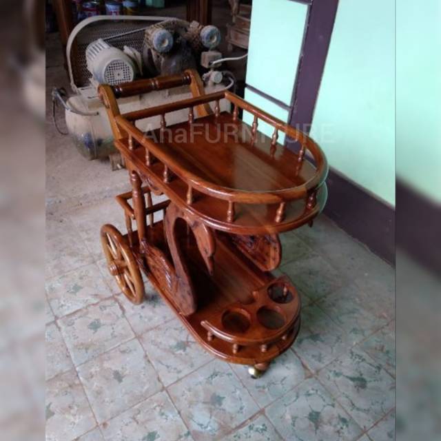 Troli Kayu Jati Kereta Dorong Meja Teh Meja Kopi Rak Minuman