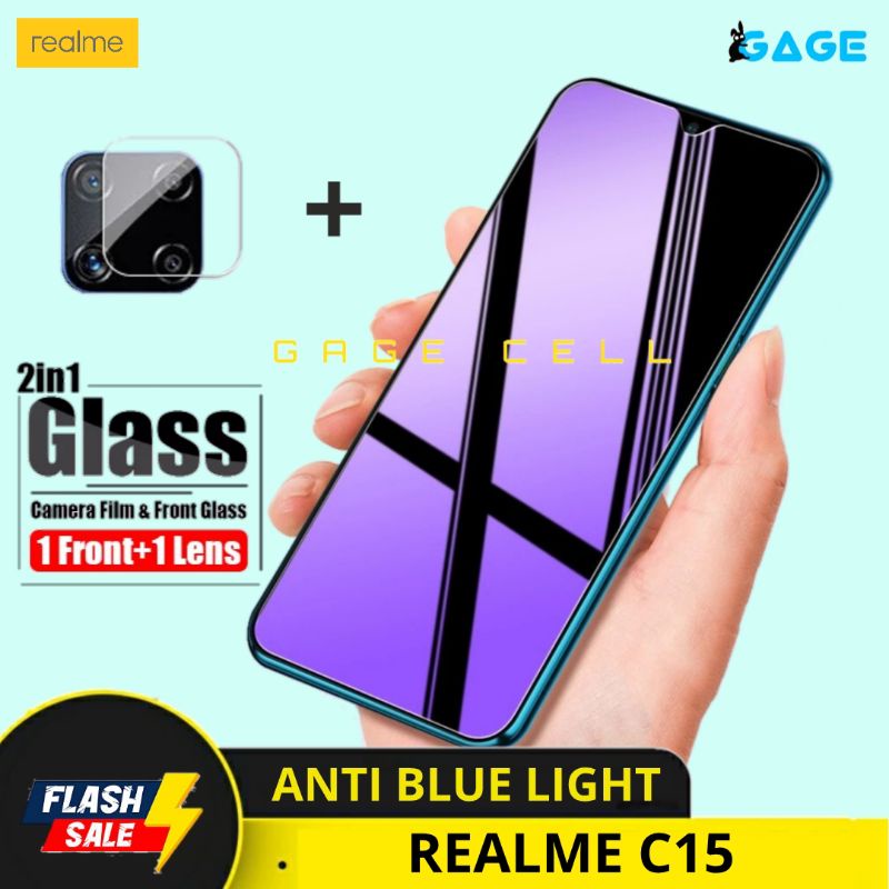 2in1 TEMPERED GLASS TG ANTI BLUE LIGHT FULL LAYAR KAMERA REALME C15 SCREEN PROTECTOR