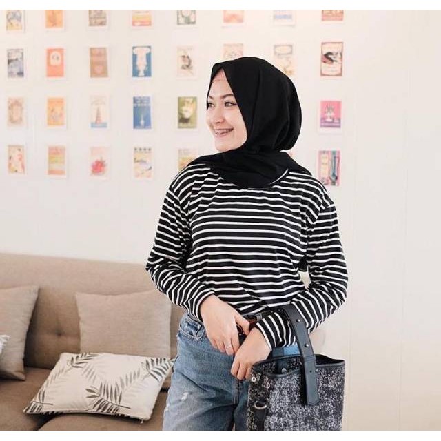 Stevia Top Kaos Salur Wanita Kaos Harian / Kaos Panjang