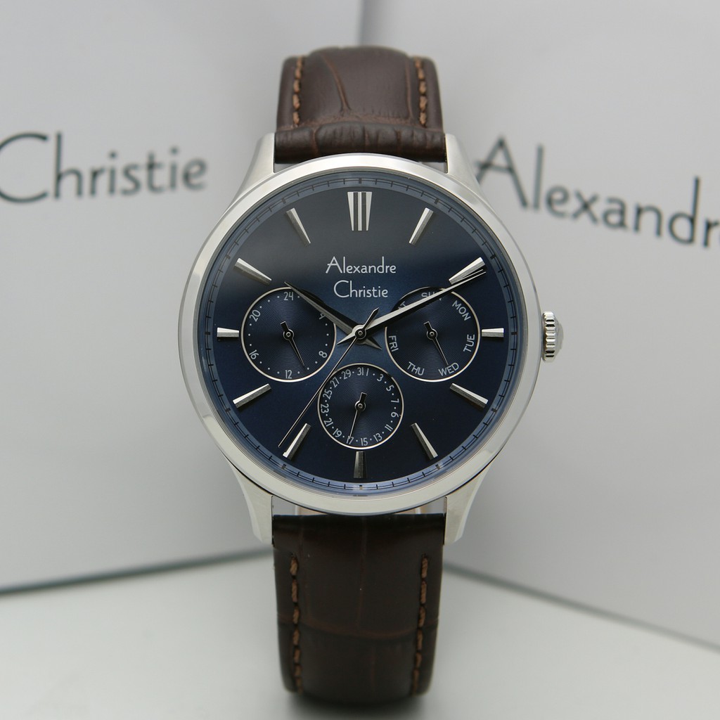 Jam Tangan Pria Alexandre Christie AC 6569 MF LSSBU Chronograph Silver Blue Leather Original