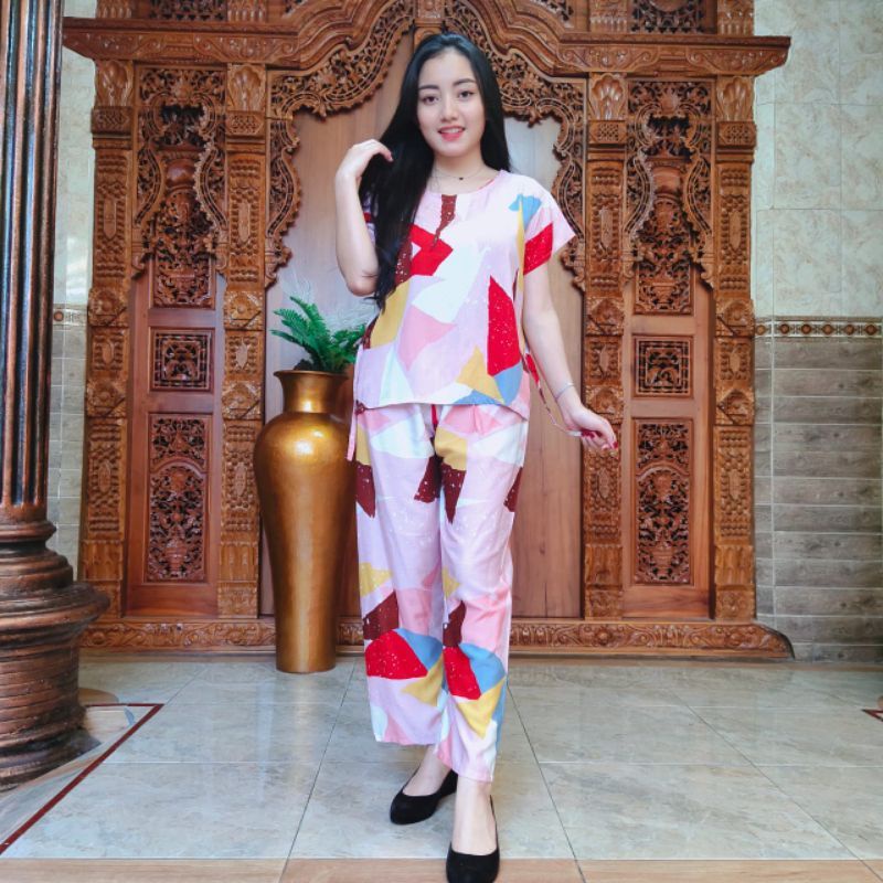 Setelan Celana Panjang One Set Piyama Bali Ethnic Batik-JStrip Baby Pink