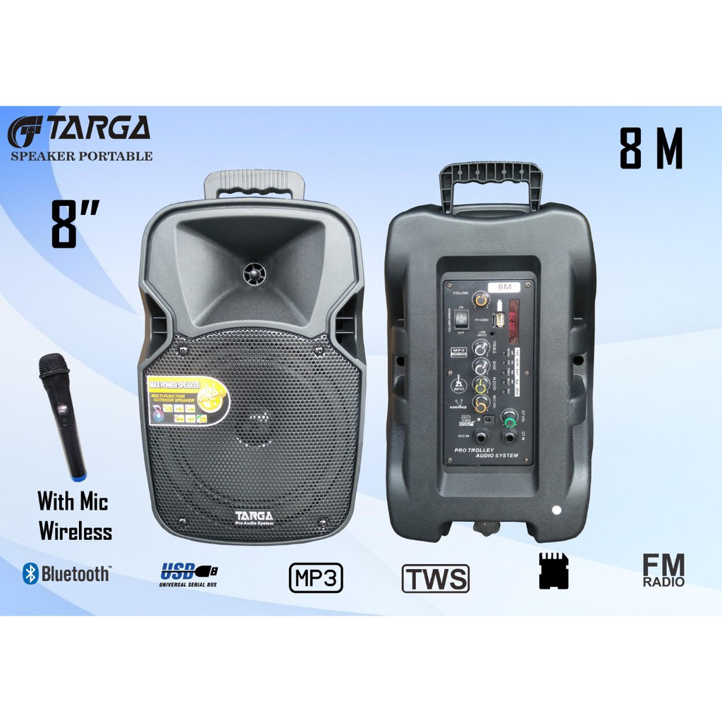 PORTABLE SPEAKER 8&quot; 8INCH TARGA TR 8M PLUS MIC WIRELESS