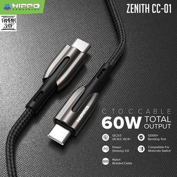 Hippo Zenith CC-01 Kabel Data TYPE C TO TYPE C 60W 5A Super Fast Charging Quick Charge Nylon Cable Tipe C