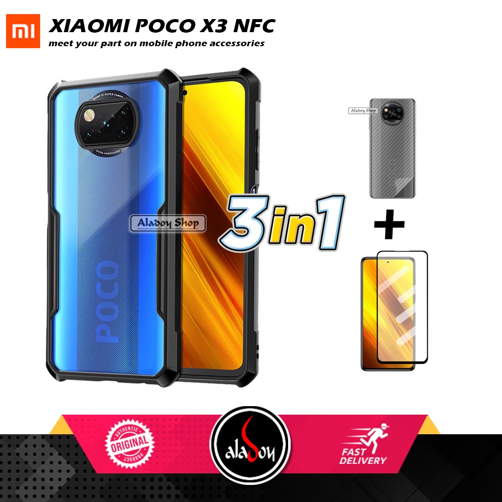 Case XIAOMI POCO X3 NFC Armor Fushion Transparent Casing + Tempered Glass Full Layar dan Skin Carbon