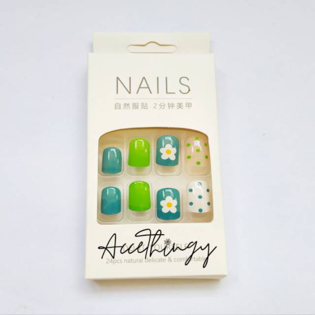 Kuku Palsu Motif Bunga Polkadot Hijau Kuning isi 24pcs/ Fake Nails 3D / Nails Art Free Lem /Nails-04