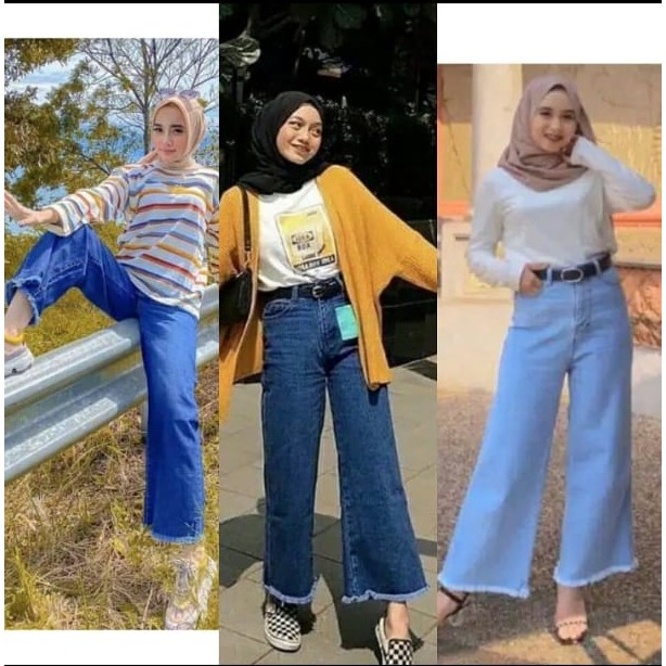 Highwaist Kulot Jeans Wanita / Celana Boyfriend Kulot Rawis Model Terbaru