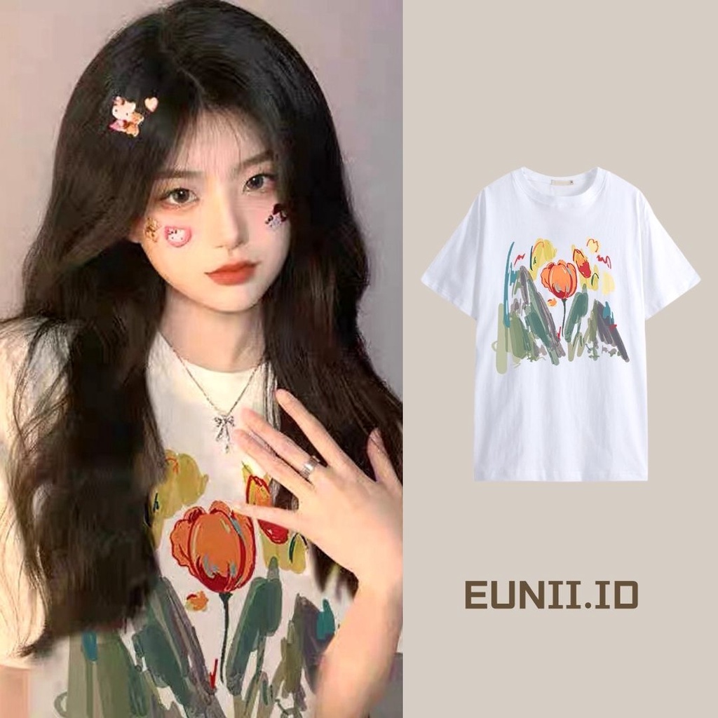 EUNII T-shirt Lengan Pendek Cartoon Tulip Korean Style/Kaos Atasan Wanita/Baju Kaus Oversize Wanita/Kaos Wanita Korean Style