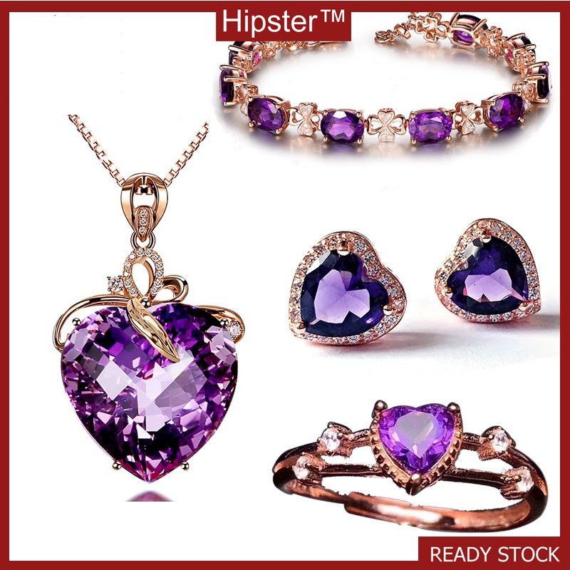 Hot Sale Heart-Shaped Amethyst Pendant Four-Leaf Clover Bracelet Heart-Shaped Colored Gems Diamond Ring Elegant Purple Gemstone Earrings Suit