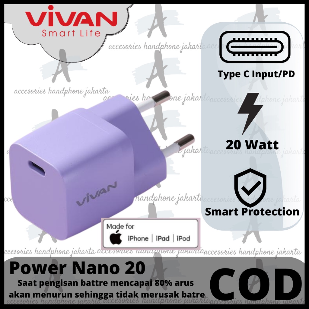 Charger iPhone Vivan Power Nano 20 USB-C Arus 20Watt Garansi Resmi Satu Tahun ORIGINAL 100%