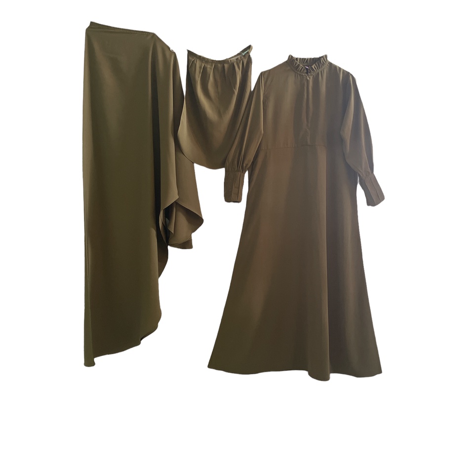 Haura Hijab Syari Gamis Setelan Khimar dan Cadar Meena Set Bahan Woolpeach Lux Size S - XXL-Hijau Lumut