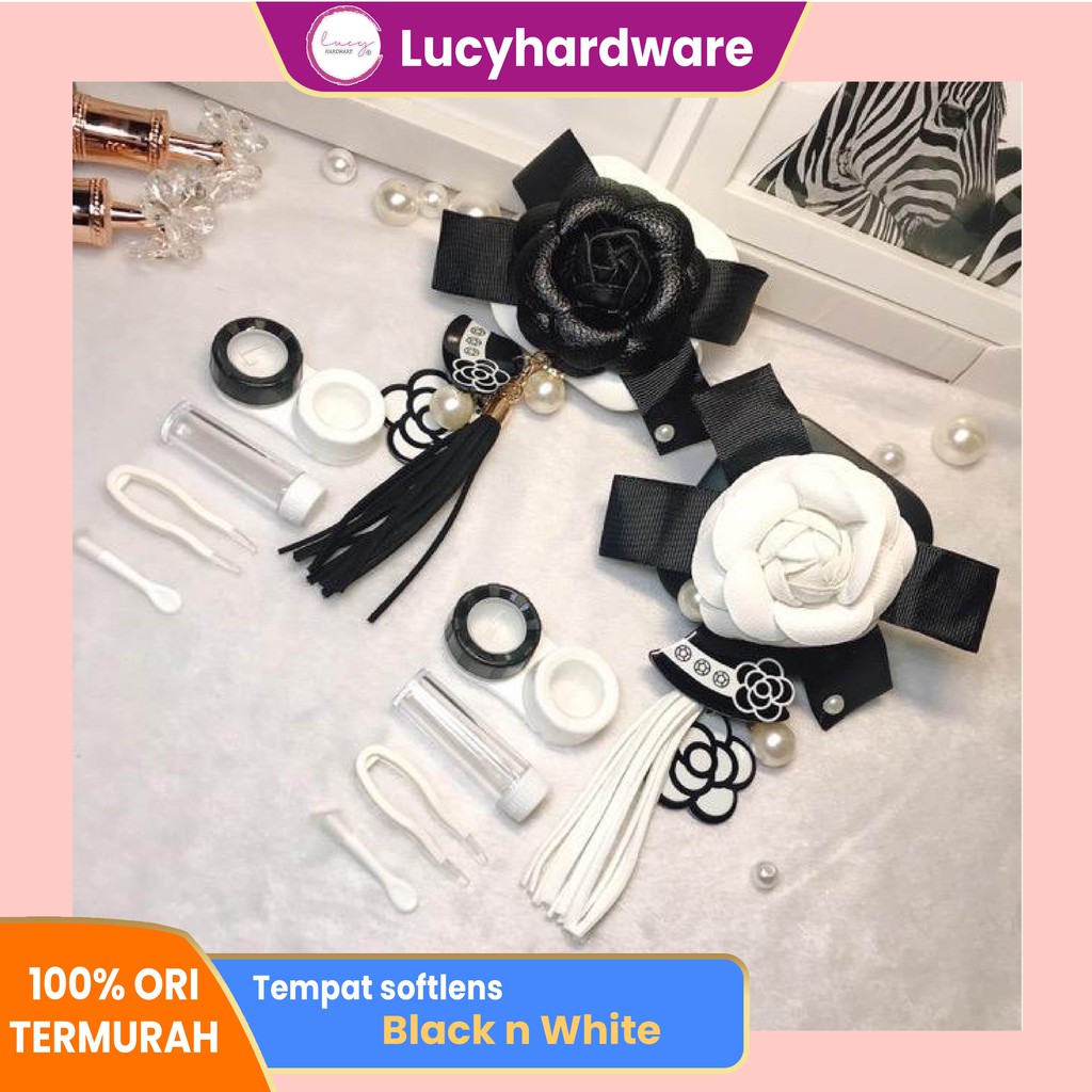 Black n White flowers  travel kit tempat softlens