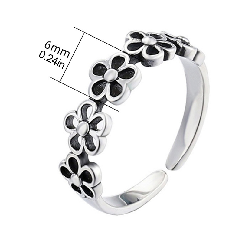 Cincin Model Terbuka Bahan Metal Warna Silver Desain Bunga Hitam Gaya Antik Adjustable Untuk Wanita