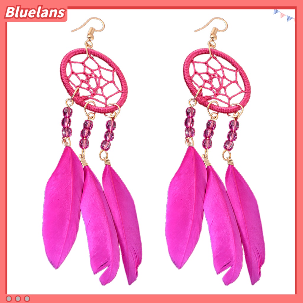 Bluelans 1 Pasang Anting Juntai Desain Dream Catcher Hollow Out Aksen Bulu Gaya Etnik Bohemia