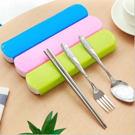 BIMBIM Sendok Set 3IN1 Besi Kotak Warna Alat Makan 3 in 1 Sendok Garpu Stainless Steel Kotak Traveling