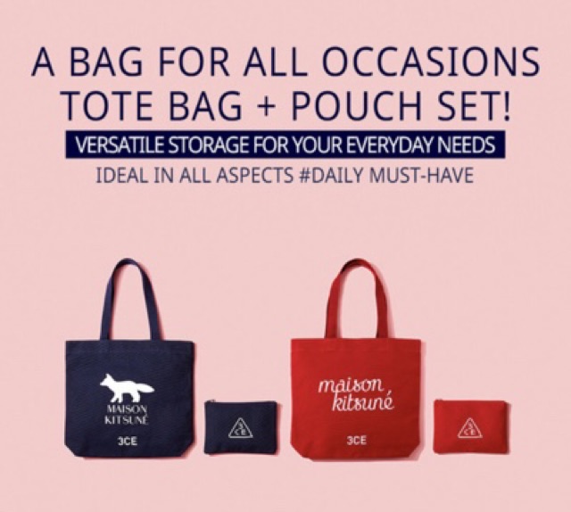 3ce Maison Kitsune Navy Red Tote Bag And Pouch Shopee Indonesia