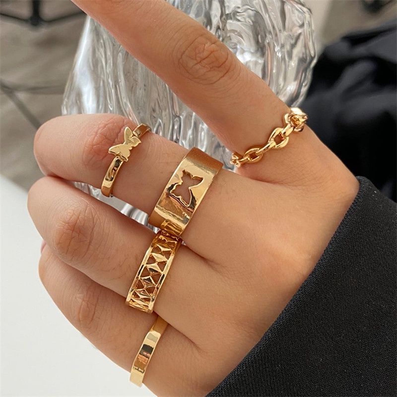 5pcs / Set Cincin Model Rantai Terbuka Desain Kupu-Kupu Aksen Mutiara Untuk Wanita