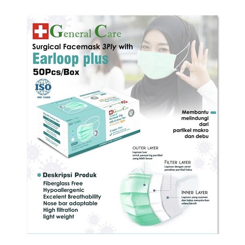 Masker Hijab Jilbab Headloop/Masker Medis Surgical 3PLY General Care