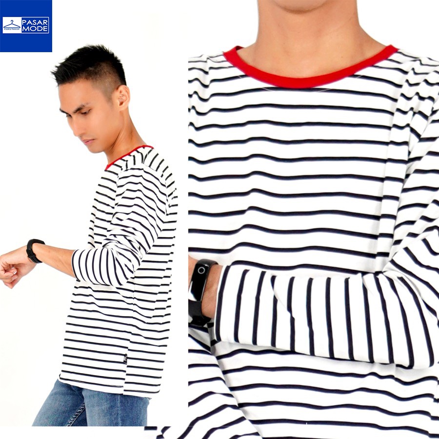 MARCO Baju Kaos Pria Oblong Korean Style Lengan Panjang Salur