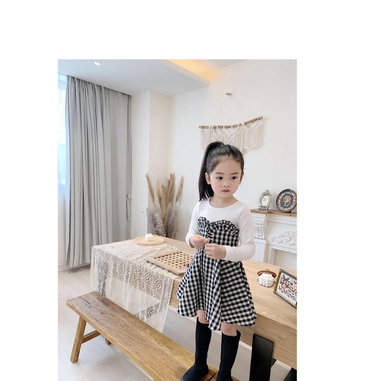 Baju anak perempuan import / Dress anak import lengan panjang putih kotak SMBO