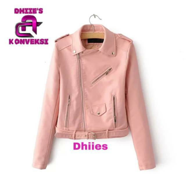 Jaket Wanita Kulit Sintetis crop warna Pink