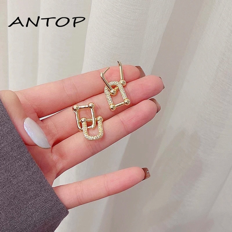 Fashion Bertatahkan Zirkon Berbentuk U Anting-Anting Emas Cincin Ganda Saling Geometris Dilepas Retro Telinga Stud Minoritas Perhiasan Untuk Wanita ANTOP