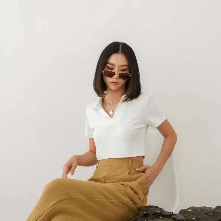 [TAVIA] JIRO KNIT POLO / BAJU CROP WANITA / KAOS CROP WANITA-White