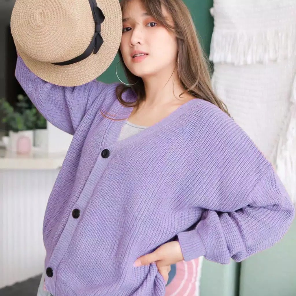 Lucia Cardi New Arrival - semi crop cardigan rajut knit premium-Lilac