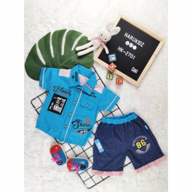 [6-18M] 5in1 Baju setelan koko celana dasi pergi jalan lucu bestseller fashion anak bayi cowok murah / setelan koko tuxedo 5in1 set koko baby boy lucu / hampers baby cowok murah / setelan koko bayi suspender motif jangkar peci dasi celana