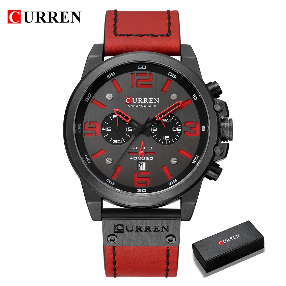 CURREN 8314 Jam Tangan Pria Analog Tali Kulit Chronograph Aktif Jam Kuarsa Kalender Otomatis Tahan Air Militer Pria