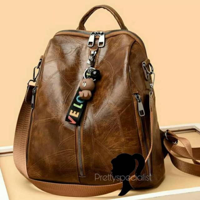 TAS RANSEL WANITA HANDMADE LUCU EDISI LINE / LINE EDITION BROWN