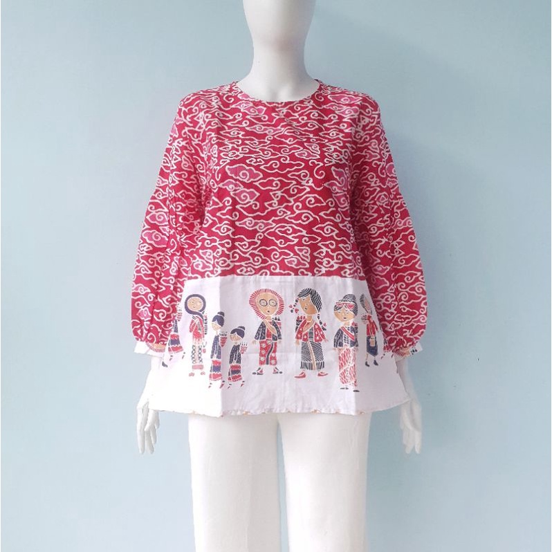 Shanaya Baju Batik Wanita Blus Mega Mendung Kombinasi Kartun Unik Lucu Batik Modern Kekinian Ready Size XS S M L XL XXL-0