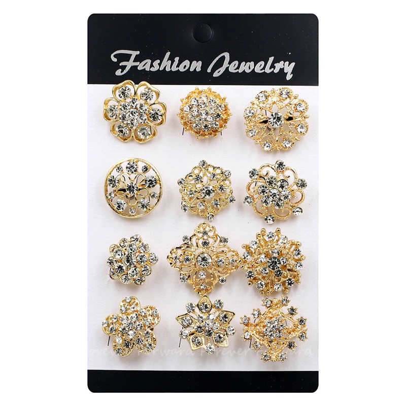 12 pcs gold &amp; silver flower short needle safety brooch M30089