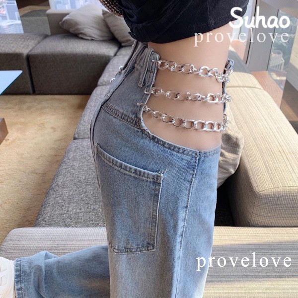 Suhao rantai desain high-waist meninju celana panjang seksi lurus celana jeans wanita musim panas Korea versi Spice Girl celana lebar