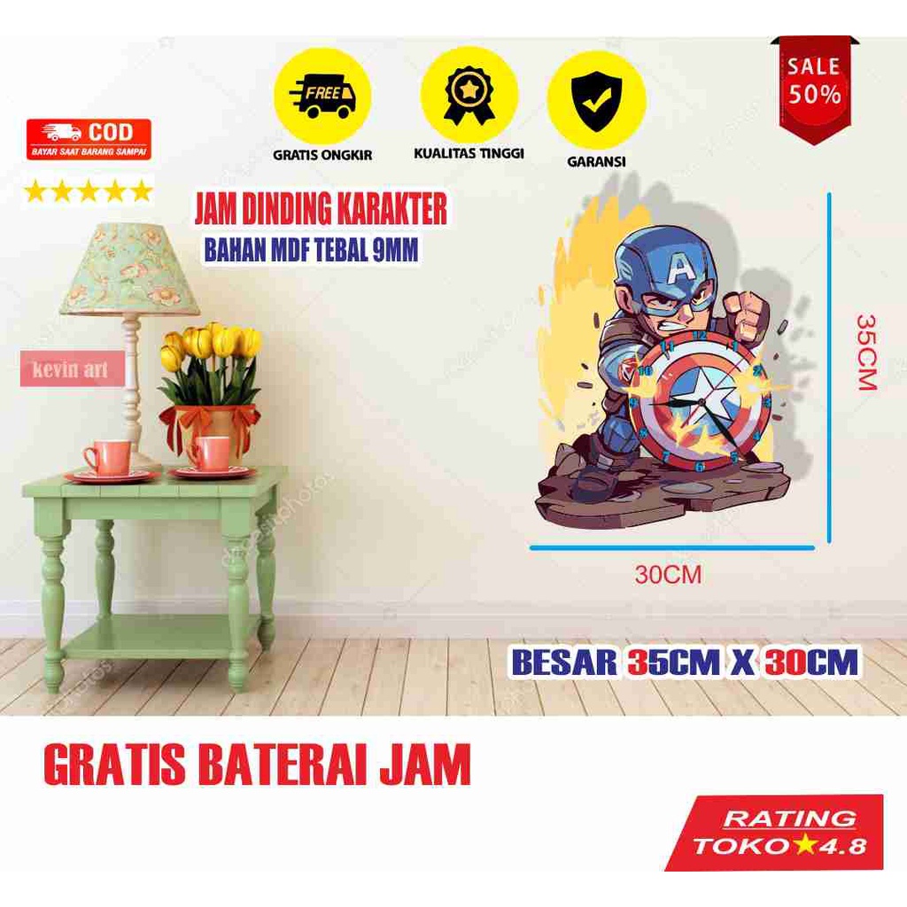 JAM DINDING KARAKTER CAPTAIN AMERICA UNIK BESAR KAYU VINTAGE SOUVENIR JAM CAFE HADIAH KADO ULANG TAHUN Kevinart