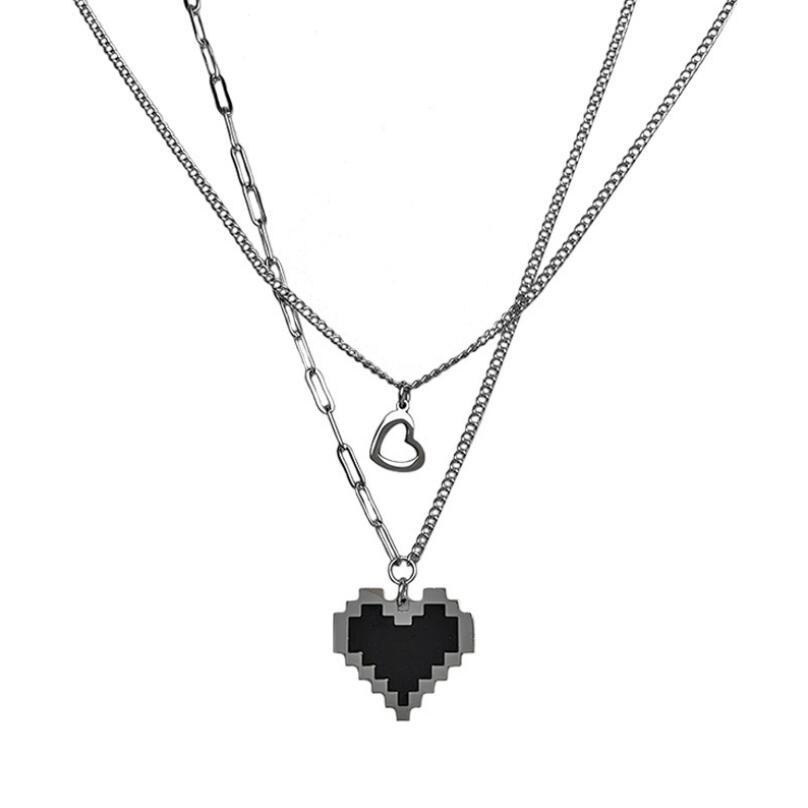 Kalung Rantai Klavikula Ganda Desain Hati Warna Hitam Gaya Hip Hop Korea Untuk Wanita
