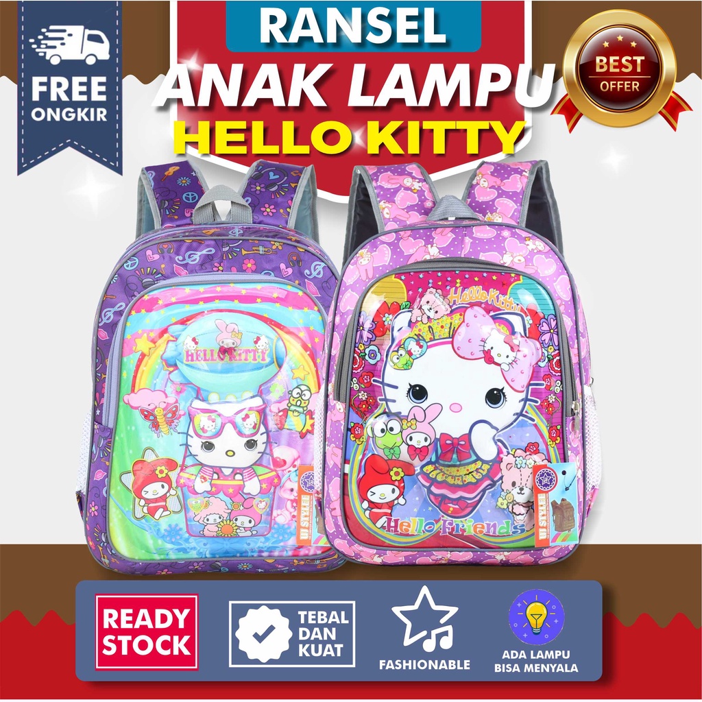 Tas Sekolah Anak Perempuan TK Lampu Hello Kitty Ungu Paud Sekolah Gambar Kartun Karakter Terbaru Lucu Premium SD SMP Mini Murah BT-21 Motif Karakter Berkualitas