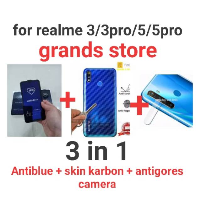 (3 in 1)Tempered glass antiblue full+skin carbon+lens camera realme 3/3pro/5/5i/5s/5pro/c1/c2/c3/c11/6