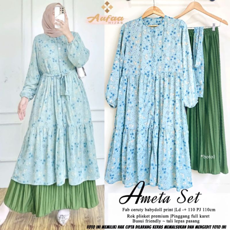 AMETA SET / SET TUNIK + ROK PLISKET PINGGANG FULL KARET