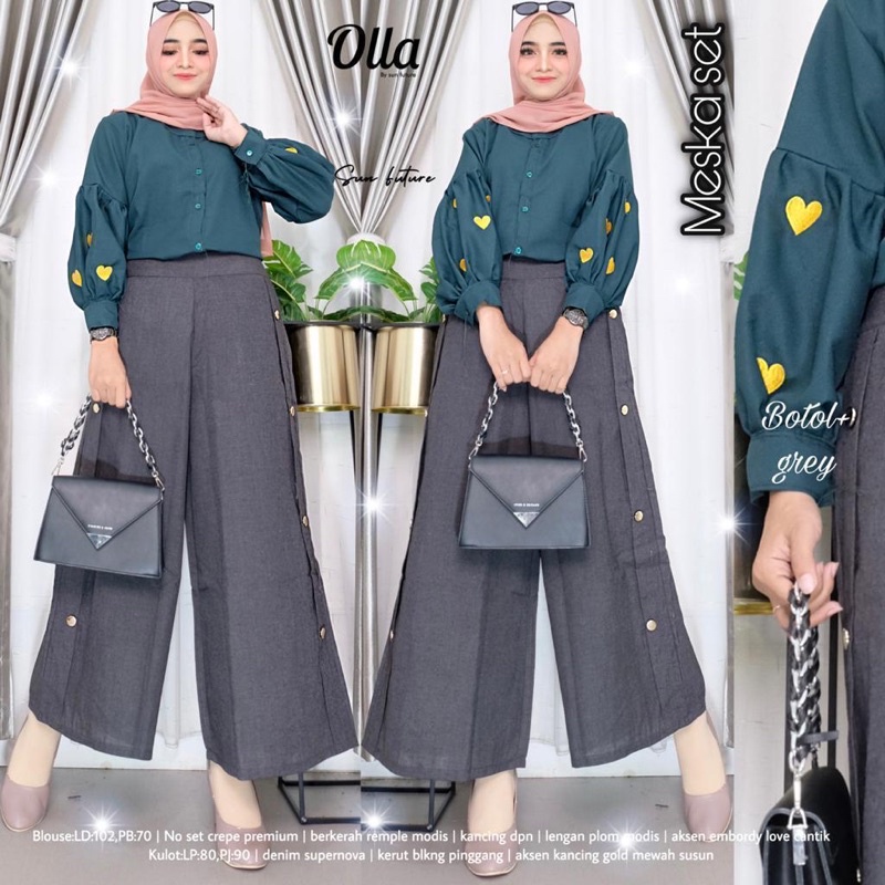 MESKA SET BY OLLA / SETELAN BLOUSE DAN KULOT BERBAHAN CREPE DAN DENIM SUPERNOVA / SETELAN BUSANA MUS