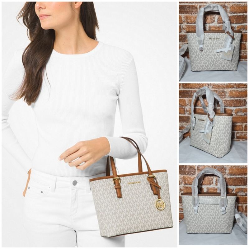 tas mk michael kors jet set travel extra small logo top zip tote bag vanilla