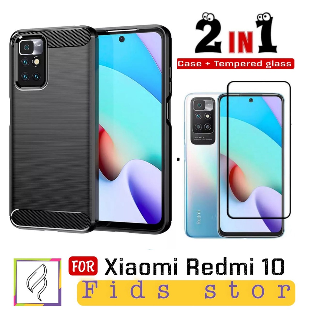 PROMO 2in1 Case Ipaky XIAOMI REDMI 10 2021 Soft Case Carbon iPaky Free TEMPERED GLASS Full Cover Black