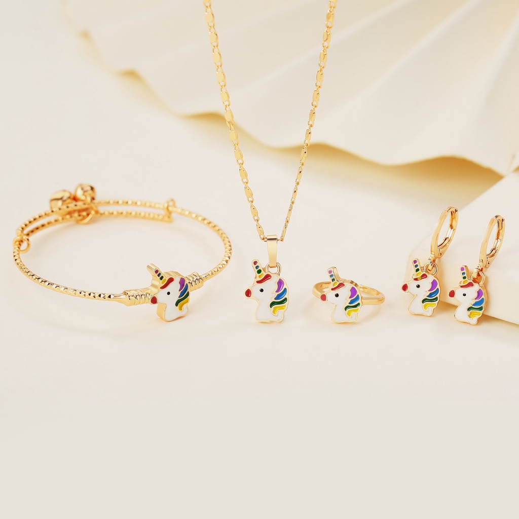 Y043【Pengiriman di tempat】Kalung Anak Perempuan Unicorn Lucu Set Perhiasan Anak Unicorn Titanium Anting Anak Perempuan Unicorn