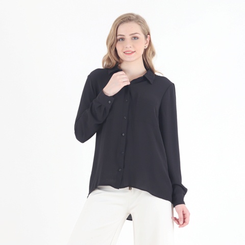 Hitam Tekstur - Kemeja Wanita Lengan Panjang - Atasan Wanita Kerja - Formal Hitam Polos-1