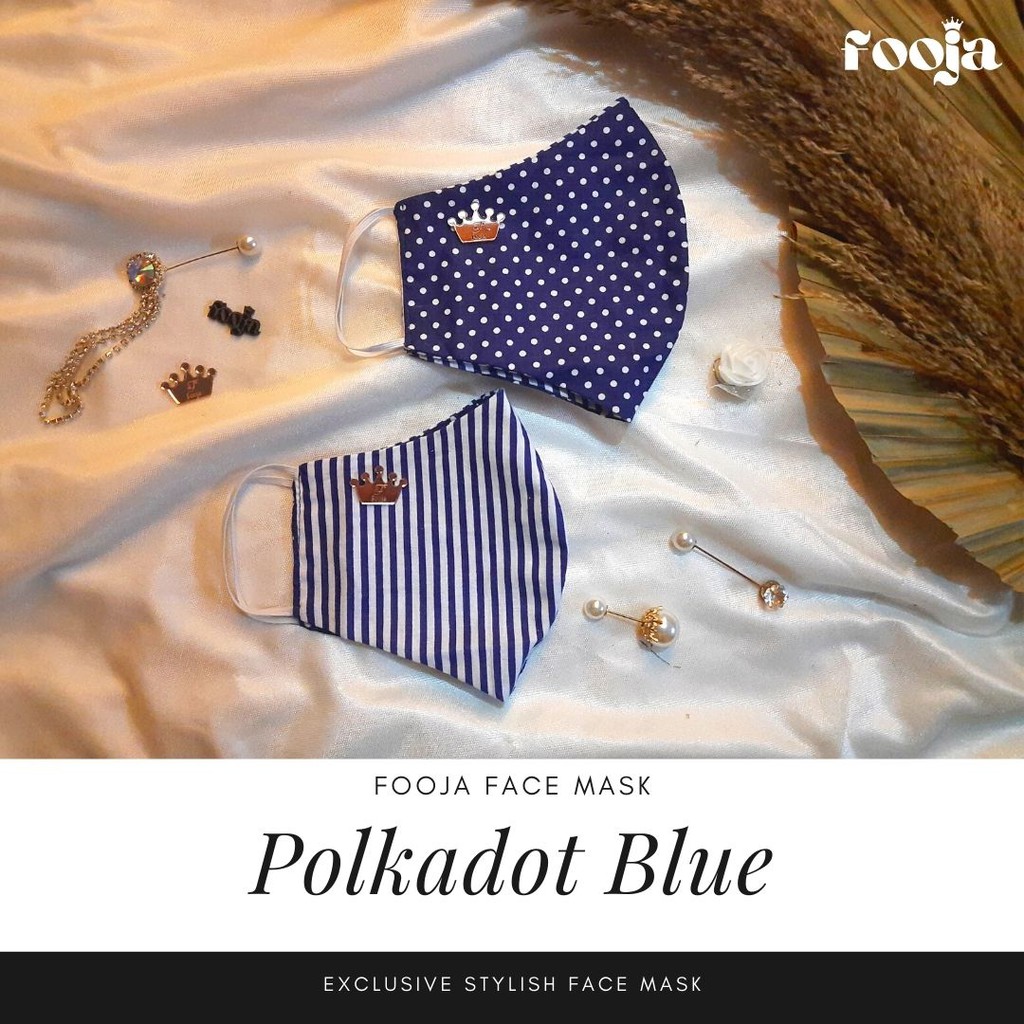 Masker Kain Katun Fooja Motif Polkadot Salur Blue Biru Premium