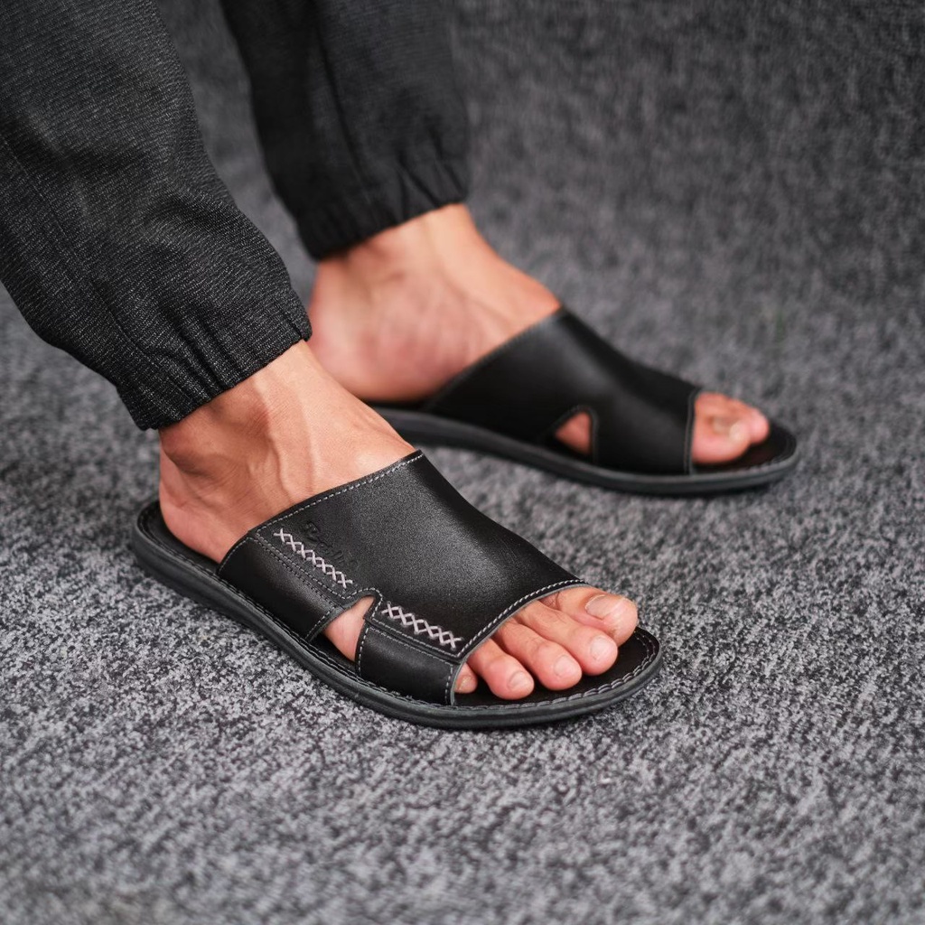 Sandal Kulit Sapi Asli Slide Pria Casual Formal Pesta Kondangan Original Barlin Gaya Kekinian Terbaru Trendy Murah Terlaris Coklat Hitam Tan