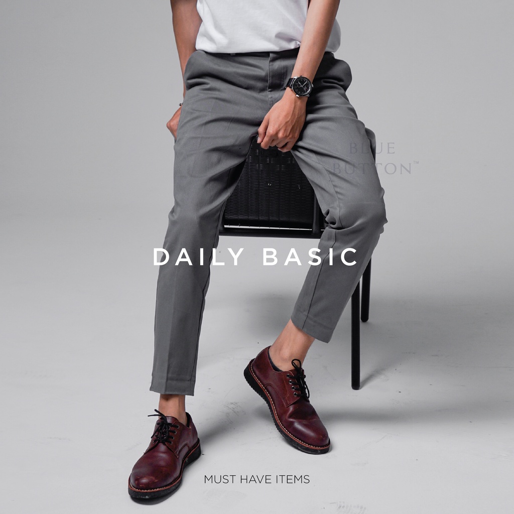 BlueButton Smart Chino Ankle Pants Formal Slim Fit Stretch Magic Waist Celana Panjang Chino Light Grey