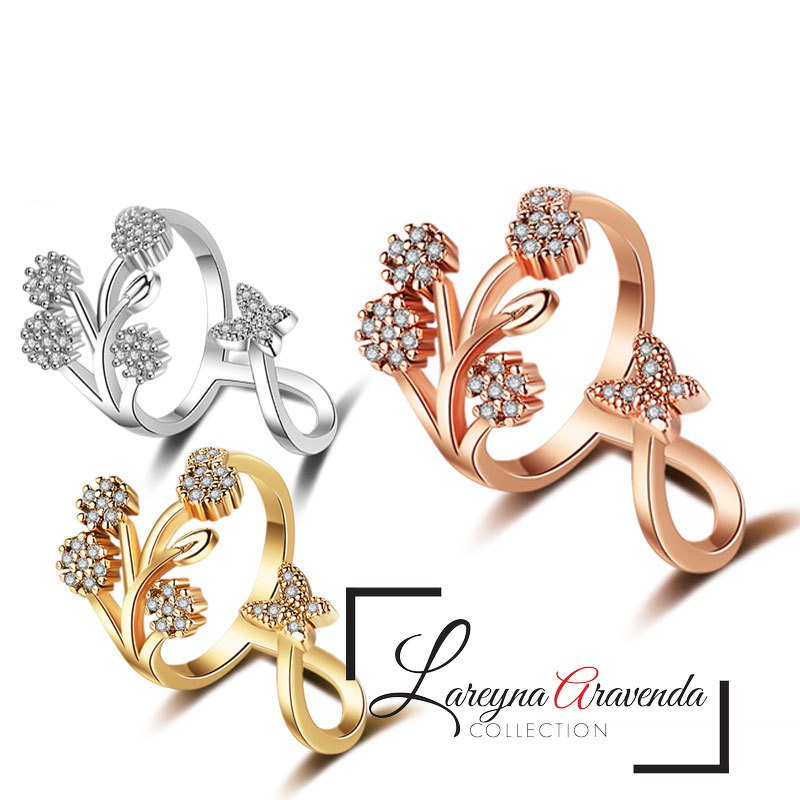 Cincin 2 Baris Wanita Titanium Model Butterfly &amp; Flower Kristal Crystal Swarovski CC044
