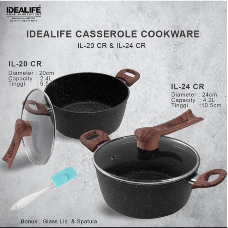 Idealife IL-24CR Panci Casserole Masak Tutup Kaca 24cm Rebus Kuah Air Induksi Spatula wlshop1 wlshop